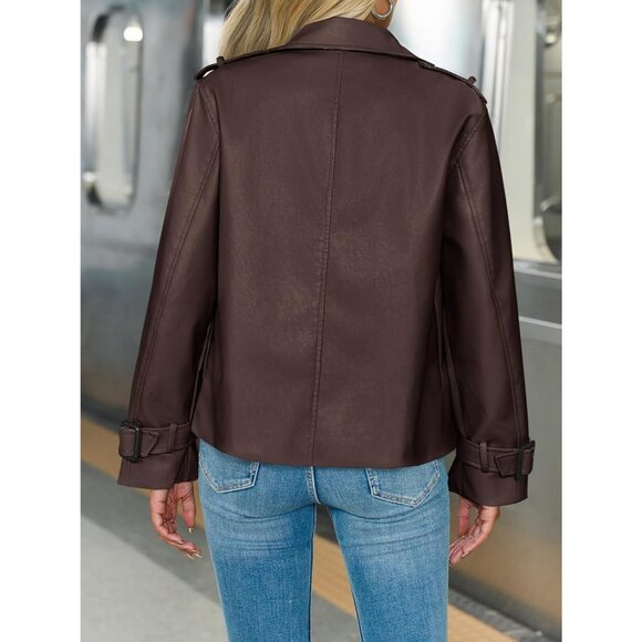 Womens Dark brown Leather Oversized Button Down Motorcycle Jacket - Picture 4 of 6